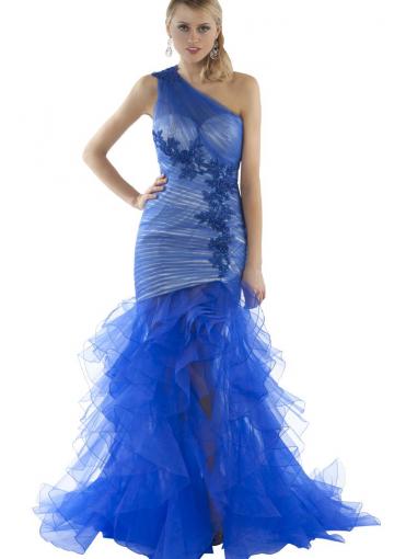 Hochzeit - Blue Sheath Ruched Appliques Tulle One Shoulder Sleeveless Floor Length