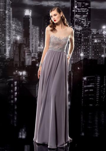 Mariage - Appliques Red V-back Chiffon Scoop A-line Floor Length Grey Ruched
