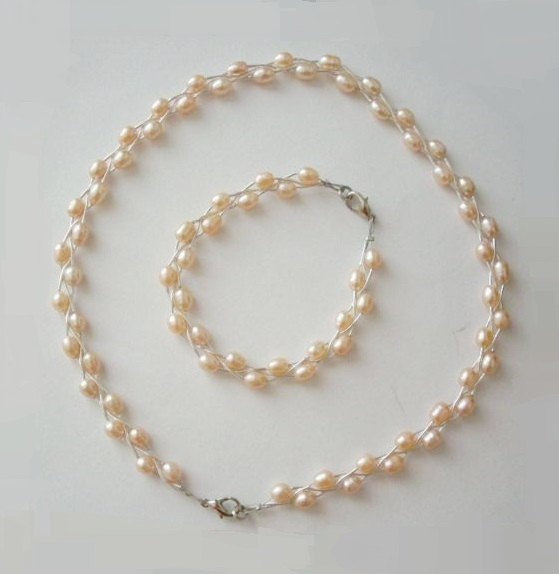 Mariage - Genuine Peach Pearl Necklace Bracelet SET, Fresh water pearls, braided double row necklace, bridesmaid necklace bridal necklace set