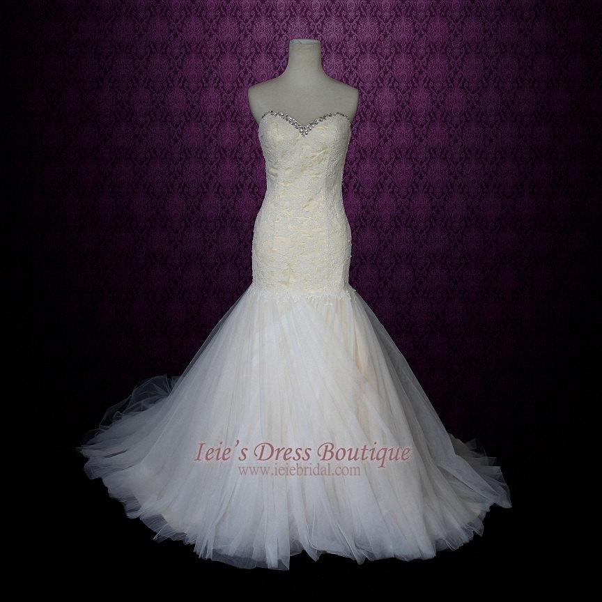 Wedding - Strapless Sweetheart Mermaid Lace Wedding Dress with Soft Tulle Skirt 