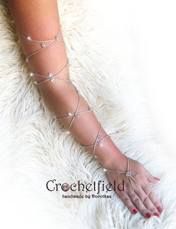 Hochzeit - crochet SPARKLING Pair of Lace Up Bracelet, Anklet, gladiator, long, beach, pool, wedding, body chain, arm chain, leg chain, night out party