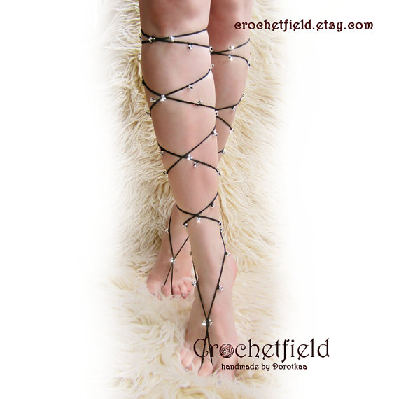 Hochzeit - SPARKLING Lace Up Barefoot Sandals, knee high, gladiator boots, long, beach, wedding, leg chain, arm, leglet, night out party, bracelet