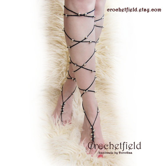 زفاف - BEADED Lace Up Barefoot Sandals, knee high, gladiator boots, long, beach, wedding, leg chain, arm, leglet, night out party, bracelet