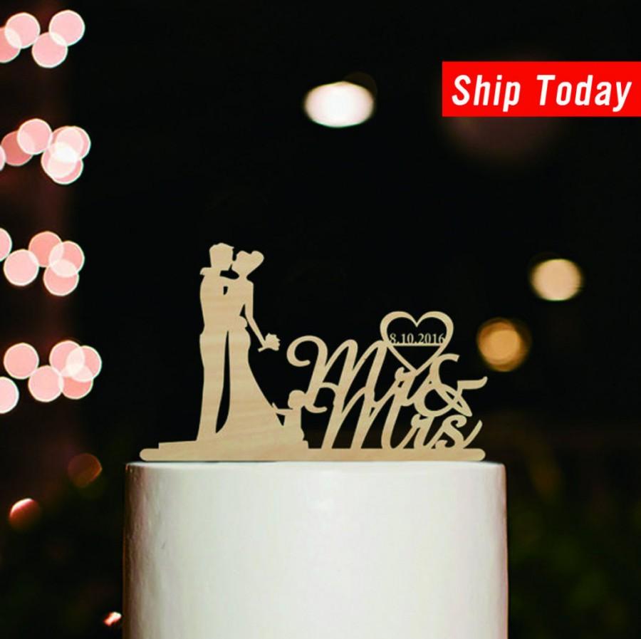زفاف - Rustic Wedding Cake Topper,Mr and Mrs Silhouette Cake Topper with Date,Custom Nature Wood Cake Topper,Bride and Groom with Baby Cake Topper