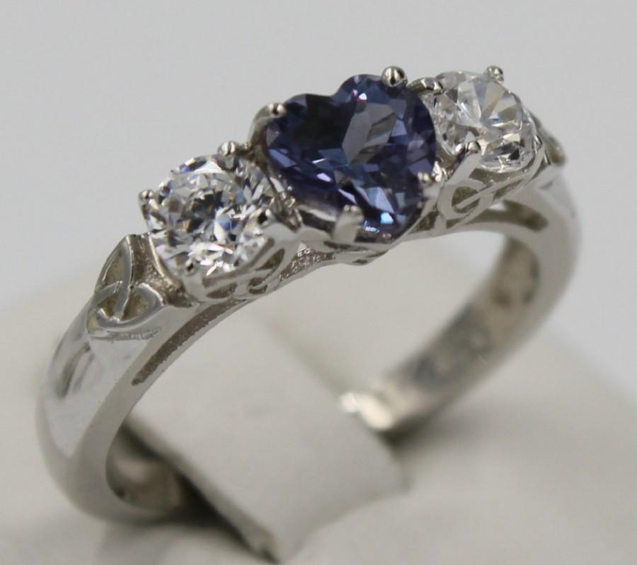 Wedding - Celtic Heart 3 Stone Lab Created Alexandrite Silver - Promise Engagement Wedding Ring
