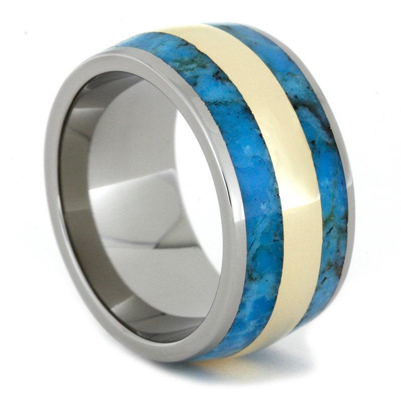 زفاف - Titanium Ring with Turquoise and 14k Yellow Gold Inlays, Turquoise Wedding Band