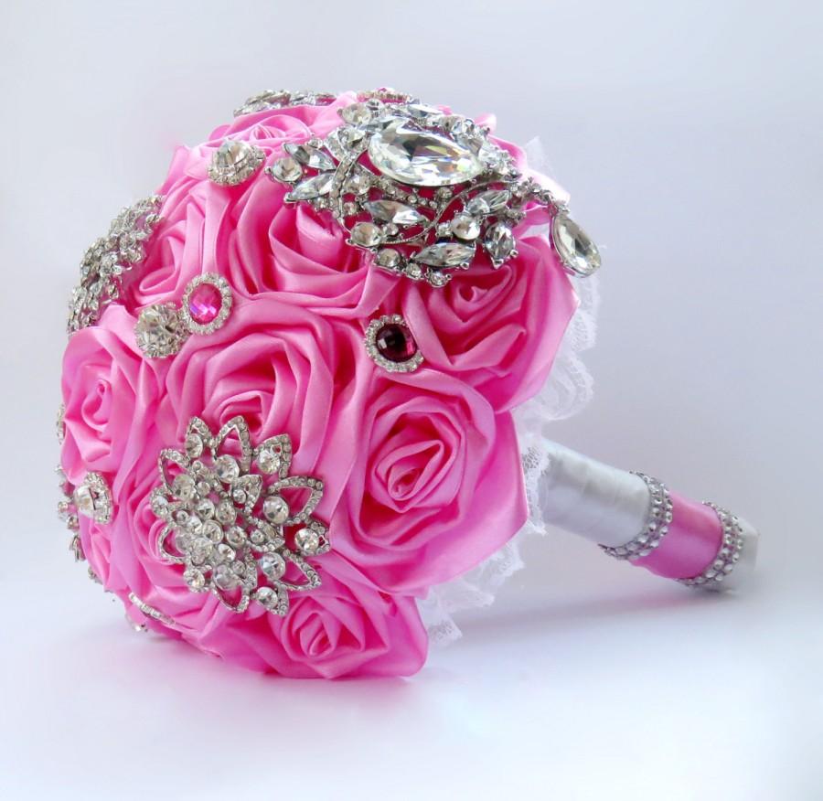 Hochzeit - Hot Pink and white Satin ribbon floral bridal wedding bouquet with brooches, lace and pearls, flowers kanzashi roses rhinestone buttons