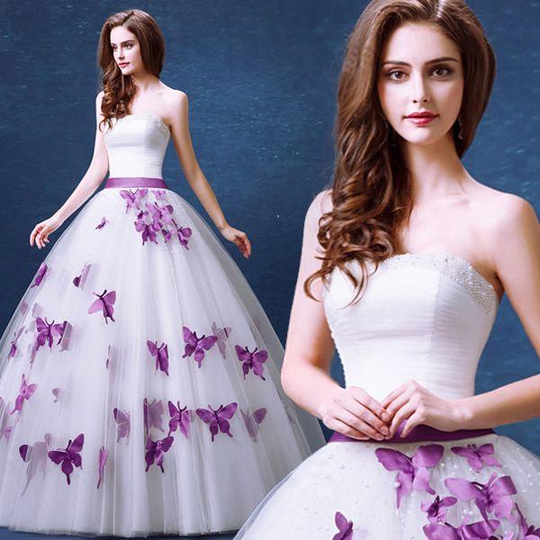 Wedding - Strapless Sleeveless Pearl Purple Butterfly Sweet Princess Wedding Dress