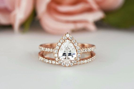 Hochzeit - 1.5 Ctw Classic Halo Engagement Ring, Pear Wedding Set, Man Made Diamond Simulants, Half Eternity Ring, Sterling Silver, Rose Gold Plated