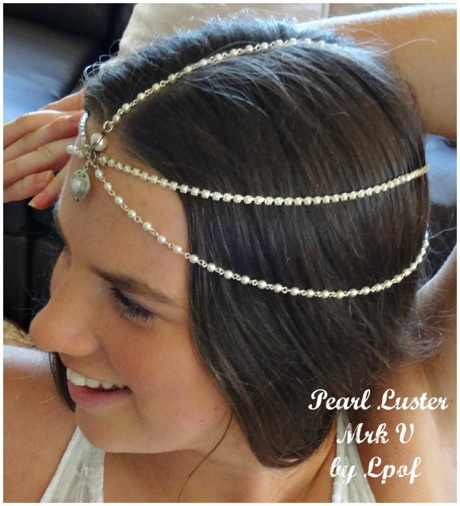 Hochzeit - Wedding Headpiece Weddings Bridal Headpiece Hair Jewelry Pearl Chain Headpiece Headdress Beach Wedding Boho Wedding Pearl Luster V