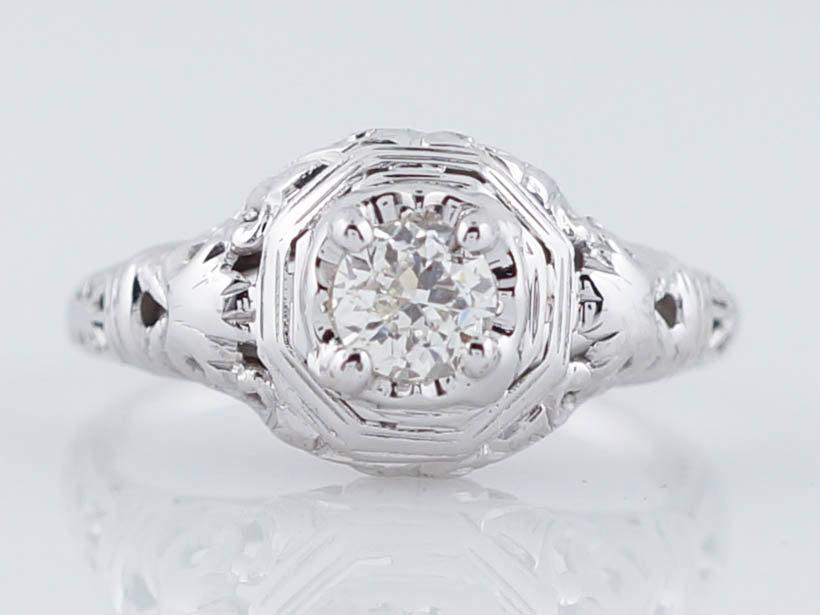 Hochzeit - Art Deco Engagement Ring Antique .31ct Old Mine Cut Diamond in 18k White Gold
