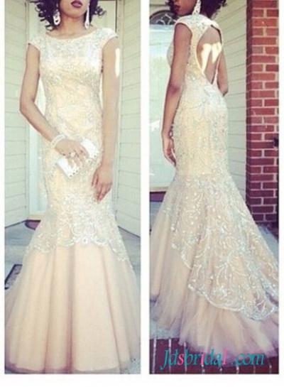 Hochzeit - PD16078 2016 champagne color open back lace mermaid prom dress