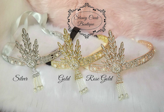 Mariage - Great Gatsby Headpiece Gatsby Flapper headband roaring 20's Bridal wedding hair accessories Daisy Headband Rose Gold Silver Black Tiara
