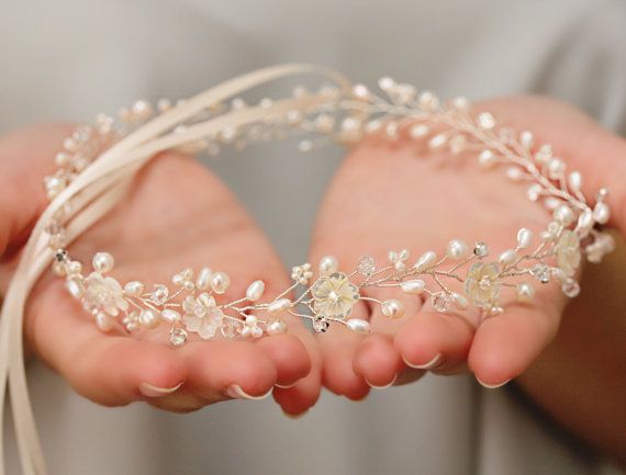 Wedding - Bridal Freshwater Pearl, Handcarved Mother Of Pearl Flower And Rhinestone Head Band, Halo Headpiece, Crown Bridal Hair Fascinator Accessory