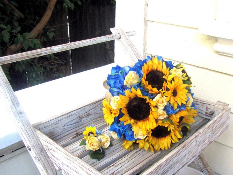 Mariage - Silk wedding flower package, sunflower wedding bouquet, hydrangea bouquet, rustic wedding flowers, groom boutonniere, bridesmaid bouquet set