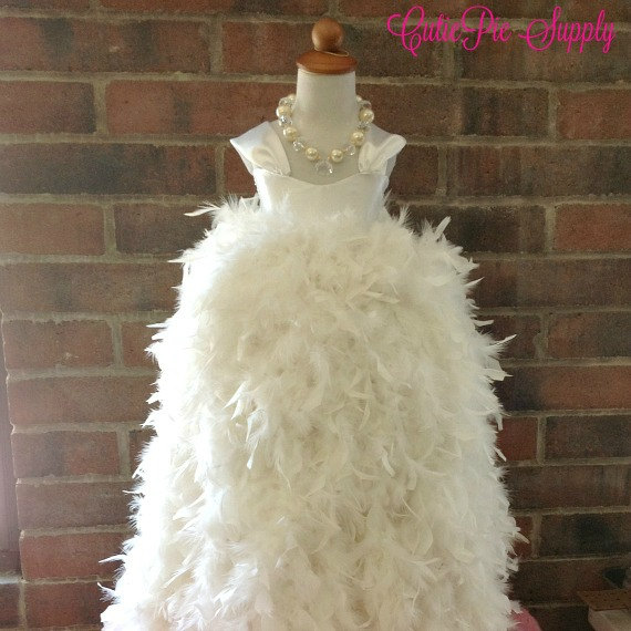 Mariage - Couture Feather Flower Girl Feather Dress White or Ivory Tutu Baptism Dress - Sweetheart Vintage Dress with Shimmer Satin MATCH YOUR COLORS