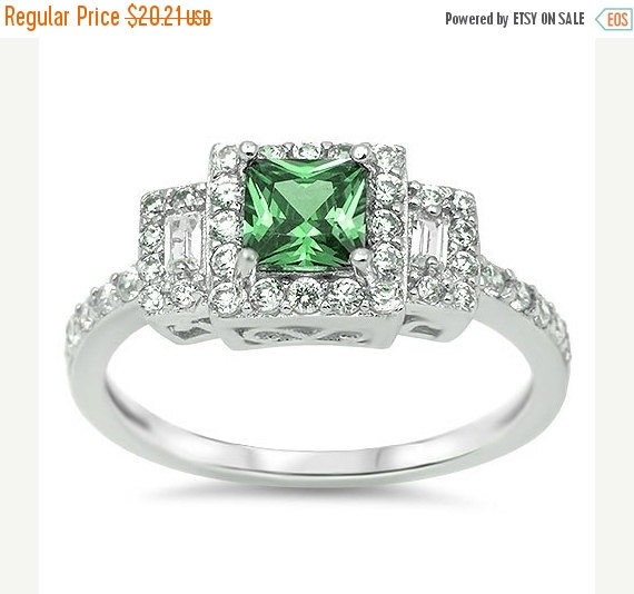 Wedding - Sterling Silver 2.50 CT Princess Cut Emerald Green Radiant cut Round Pave Russian CZ Halo Three 3 Stone Wedding Engagement Anniversary Ring