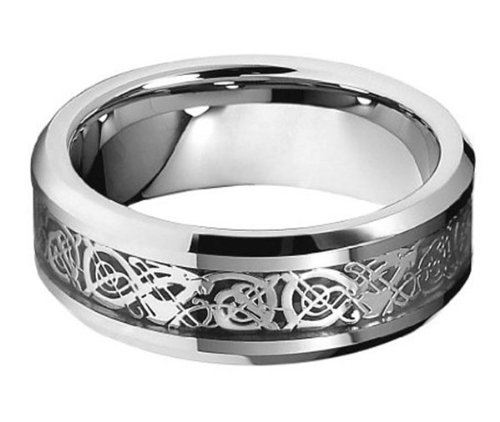 Mariage - 8mm Tungsten Carbide Celtic Dragon Silver Inlay Flat Comfort Fit Wedding Band Ring