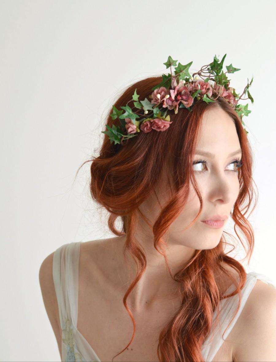 Mariage - Flower headpiece, pink flower crown, ivy headband, rose headpiece, garden wedding, hair accessory by gardens of whimsy