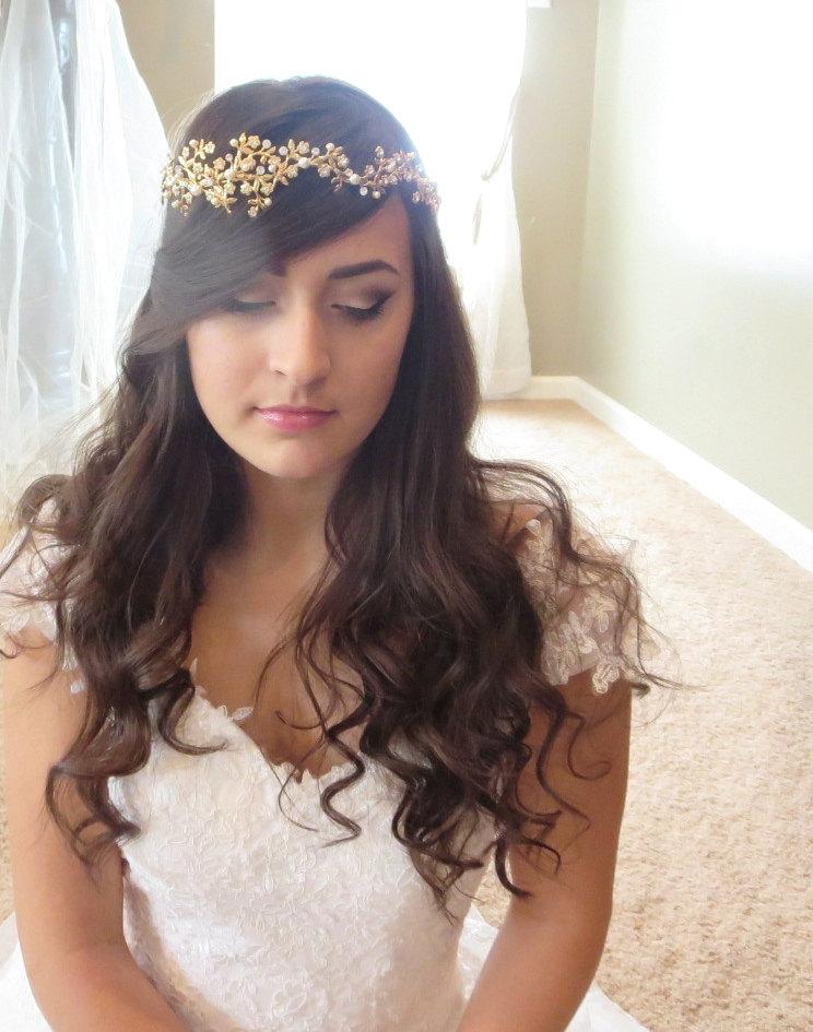 زفاف - Gold Bridal headpiece, Bridal headband, Bridal tiara, Gold leaves Bridal halo, Wedding headpiece, Bridal hair vine, Vintage style tiara
