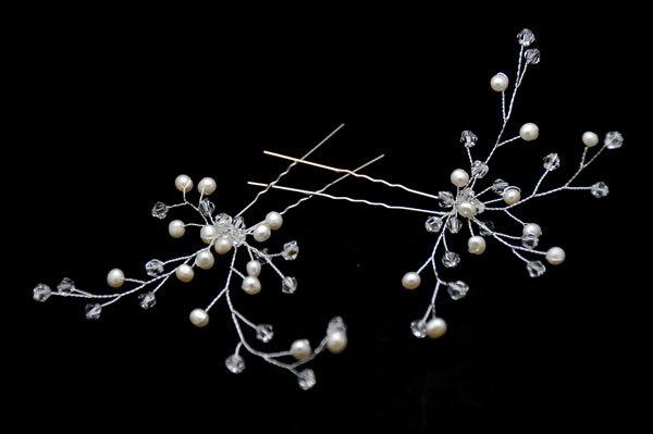 زفاف - Set of 2 Clear Crystal & Fresh Water Pearl  vine  Hair Pins