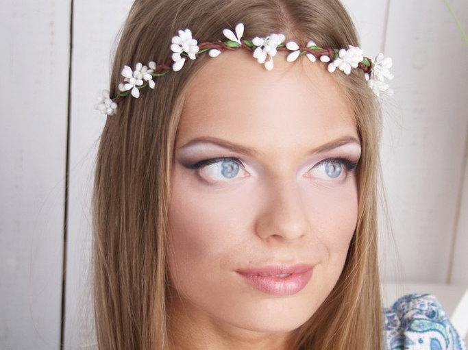 Mariage - Boho flower crown rim hair accessories girl bridesmaid wedding bridal halo woodland garland fairy floral headband headpiece circlet