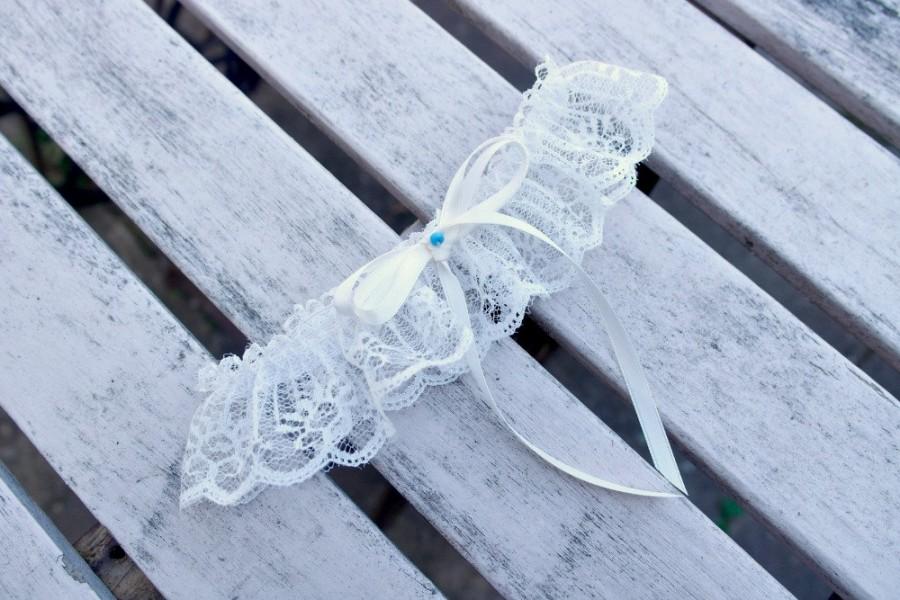 Wedding - Wedding Single Bridal Garter in delicate Ivory Lace and Cream Ribbon Bow with Blue Pearl Vintage Inspired Wedding Garter, Single garter