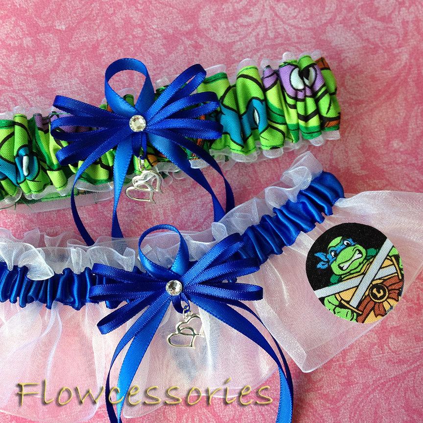 زفاف - Teenage Mutant Ninja Turtles TMNT - LEONARDO handmade hearts charm bridal wedding garter - keepsake garter set - Pick Garter