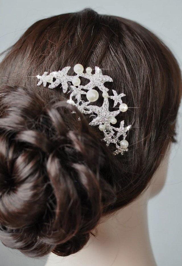 Hochzeit - Bridal Vintage Beach Wedding Starfish Hair Comb Rhinestone and Pearl