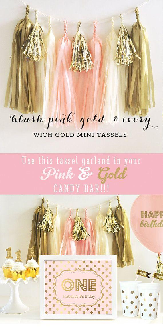 Hochzeit - Pink Tassel Garland Pink And Gold Tissue Tassel Garland Pink And Gold 1st Birthday Garland Pink And Gold Baby Shower DIY Tassel KIT (EB3086)
