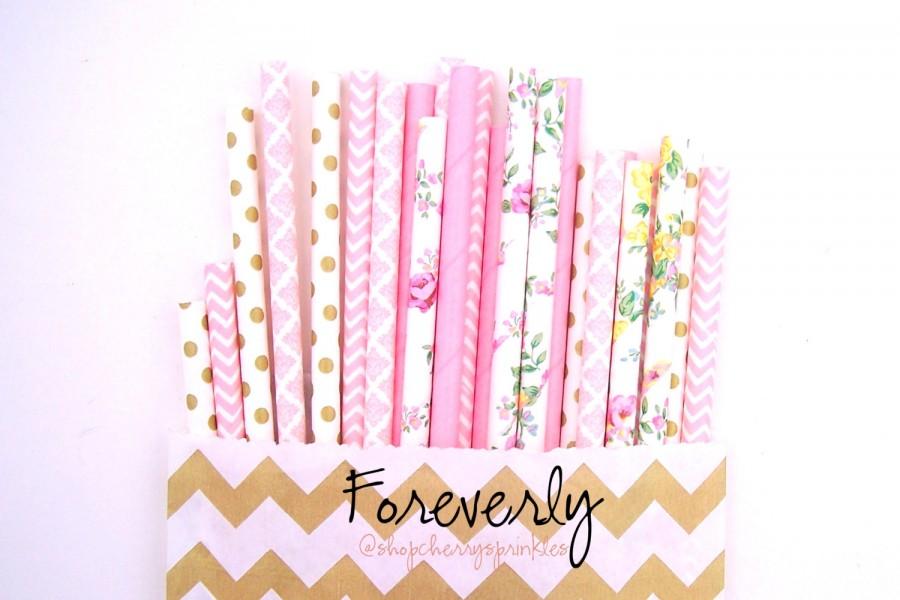 Wedding - Foreverly -Girl Party Decor, Pink Party, Pink and Gold Party, Floral Straws, Gold Polkadots, Metallic Gold Decor, Wedding, Bridal, GIRL