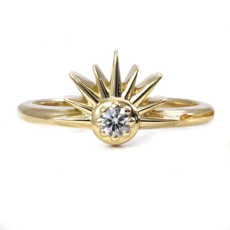 Wedding - Diamond Sunshine Ring - Art Deco Yellow Gold Sun Engagement Ring