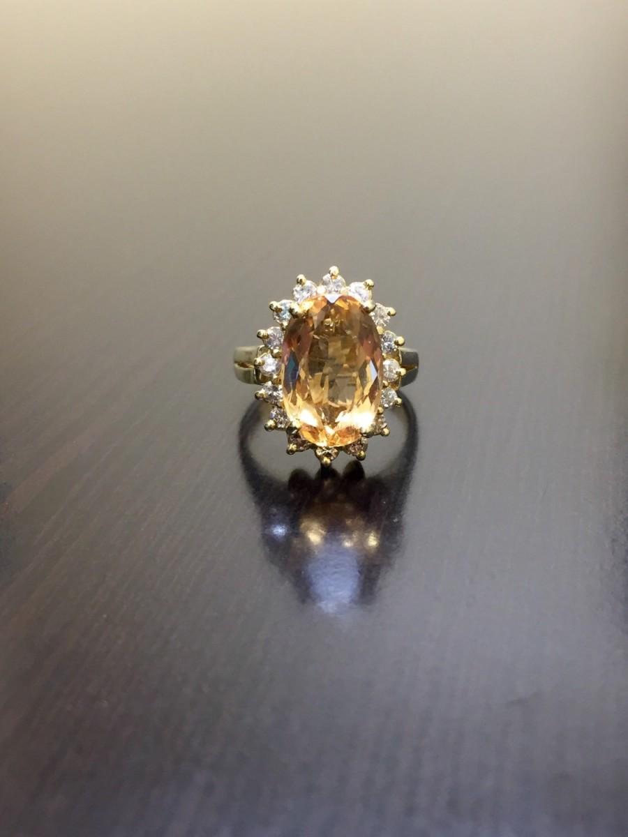 Mariage - 14K Yellow Gold Imperial Topaz Halo Diamond Engagement Ring - Art Deco 14K Gold Imperial Topaz Diamond Wedding Ring - Imperial Topaz Ring
