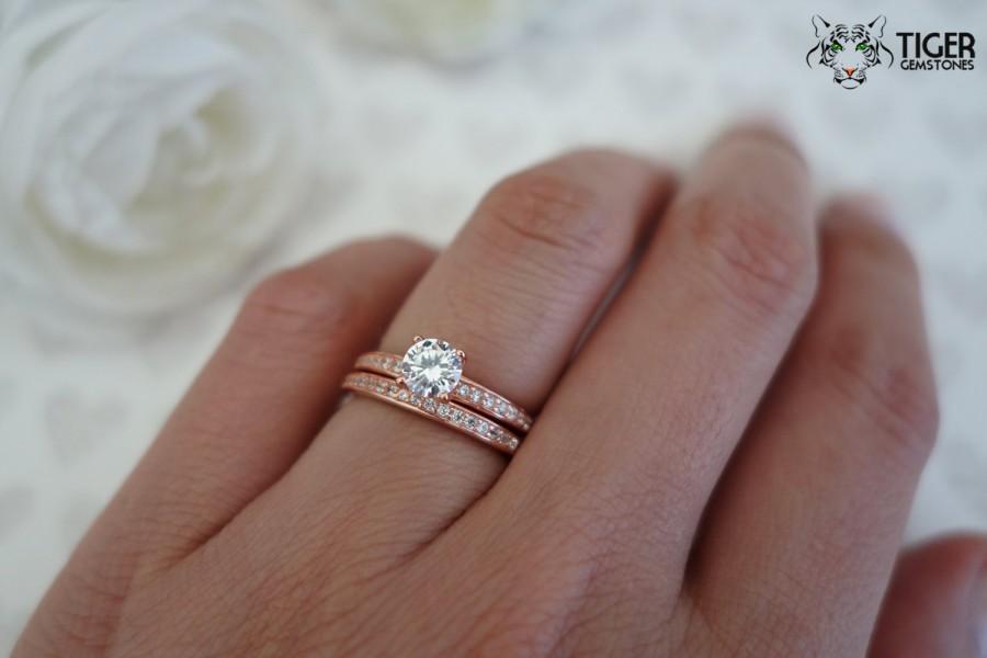 Mariage - 3/4 ctw Wedding Set, Accented Solitaire, Half Eternity Ring, Man Made Diamond Simulants, Engagement Rings, Sterling Silver, Rose Gold Plated