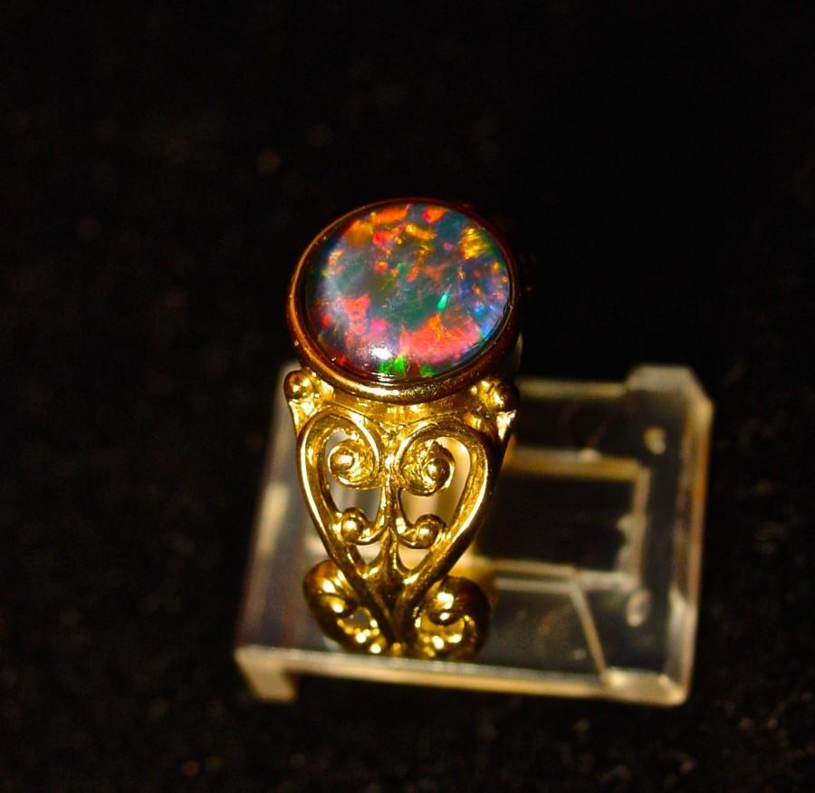 Wedding - 14K Gold Natural Opal Engagement ring.Genuine Australian Opal Triplet ring.AAA 8mm Opal Gemstone set in14K Gold filigree setting. Real Opal