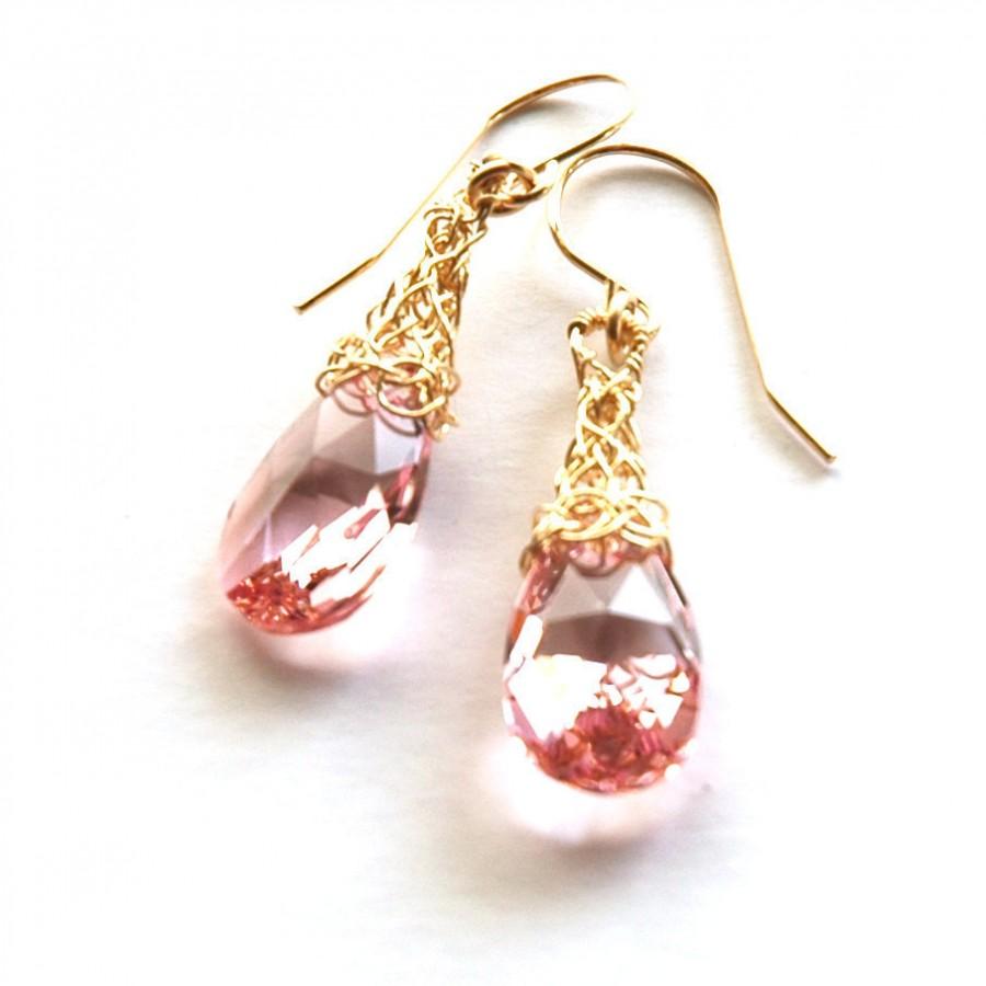 Mariage - Pink Earrings - Wire crochet gold earrings  - Pink Gold Dangle Earrings , Cherry Earrings , Wire Wrapped Pink Earrings