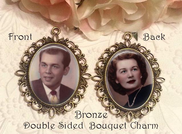 Wedding - Double-Sided Memorial Bouquet Charm - Personalized with Photo - Antique Bronze