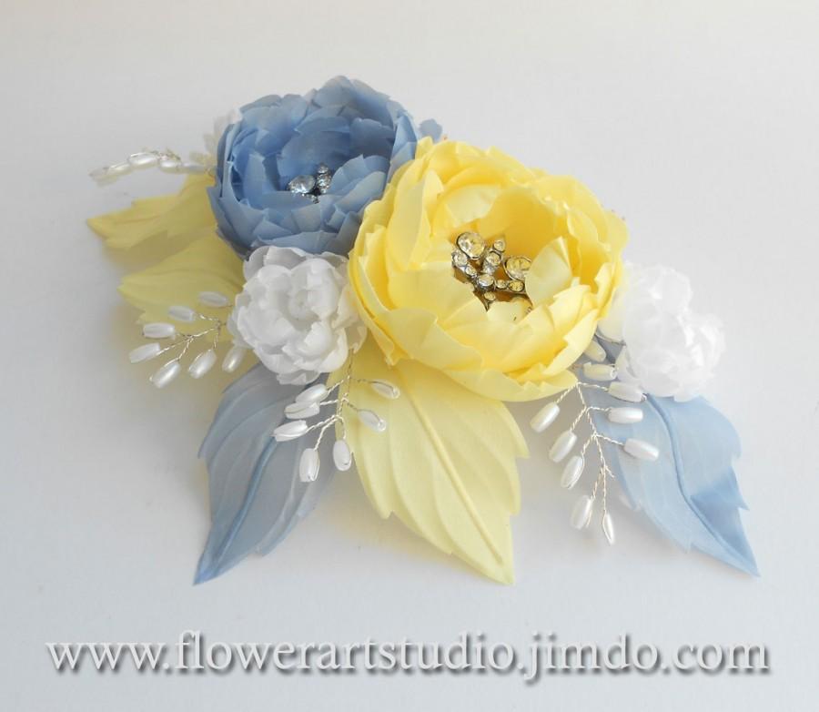Mariage - Bridal Headpiece, Yellow and Blue-gray flower comb, Pearl and flower bridal comb, Bridal Hair Flower, Bridal Hair Accessories.