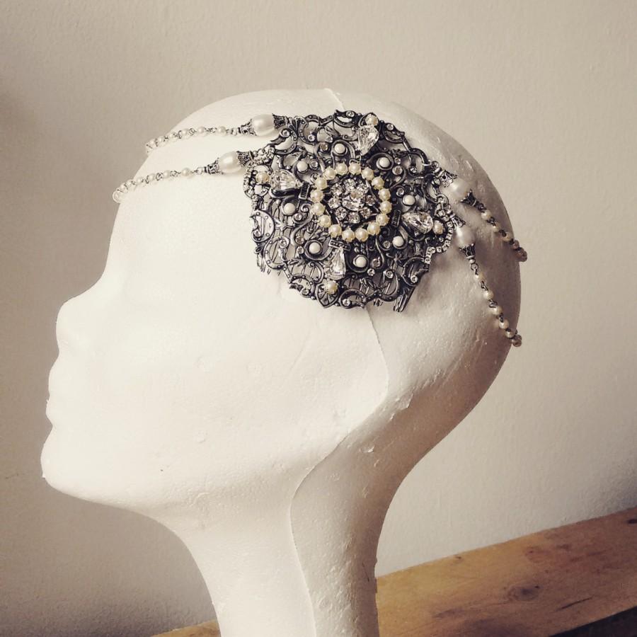 زفاف - Bridal Hair Chain Great Gatsby Headpiece Bridal Headpiece hair comb Silver Filigree jewelry White Pearls Swarovski Crystal 1920s bridal