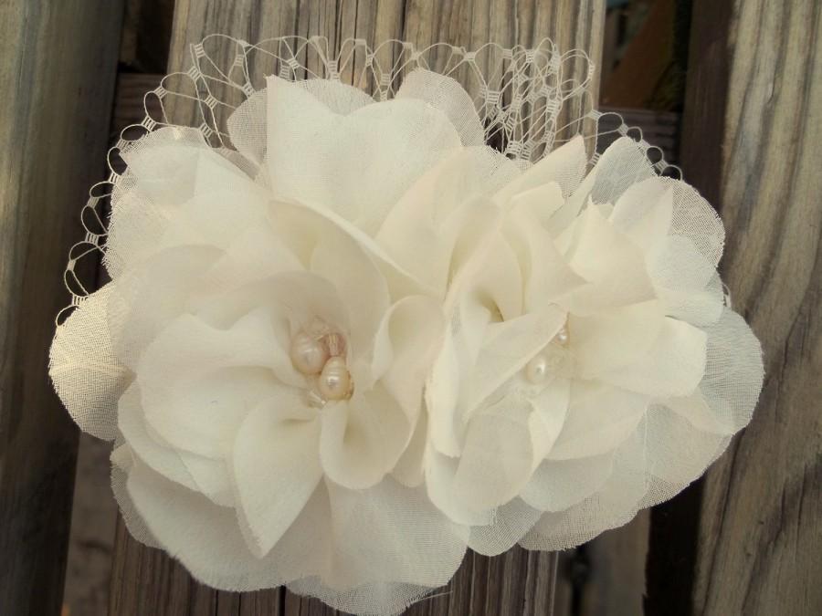 زفاف - Wedding Fascinator Chiffon double flower bridal fascinator wedding hair clip, freshwater pearls, Swarovski crystals