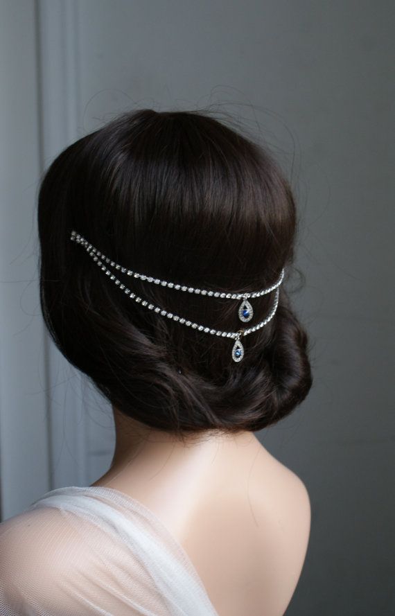 Wedding - Wedding Headpiece, Sapphire Blue Crystal, Bohemian Headchain Accessory, Something Blue Hair Accessory, Back Headpiece Bun Accessory