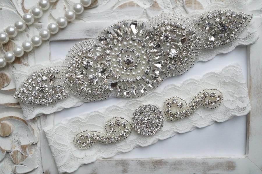 زفاف - SALE Wedding Garter set, Bridal Garter set, Ivory Lace Garter set, Rhinestone Garter, Lace garter, Crystal Garter set - Style 780