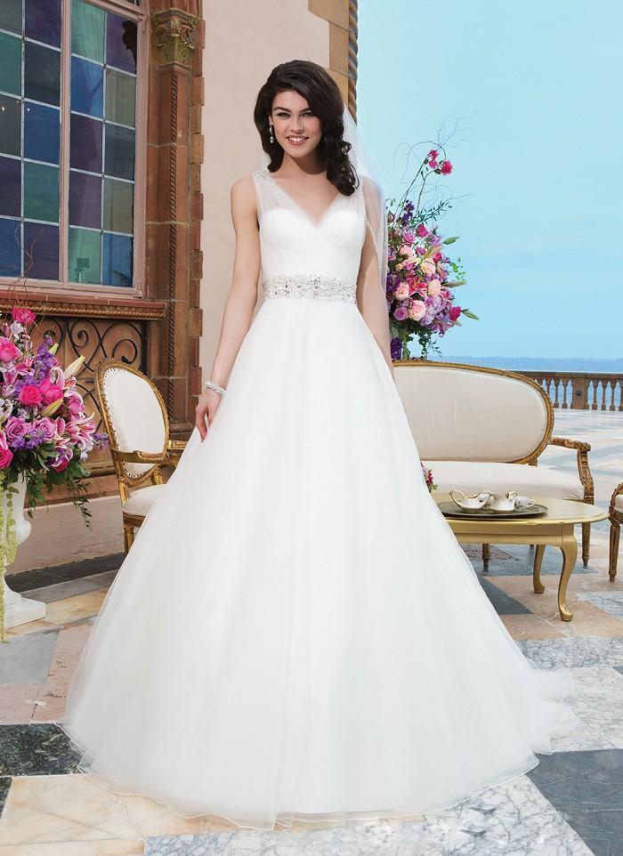Hochzeit - Sincerity 2015 Sheer Beaded Straps A Line Wedding Dresses V Neck And V Back Tulle Skirt Court Train Elegant Corset Bridal Gowns 3843 Online with $104.03/Piece on Hjklp88's Store 