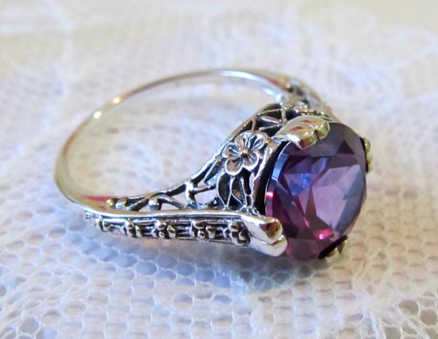 Mariage - Alexandrite Sterling Silver Floral Filigree Engagement Ring /Antique Vintage Victorian Art Deco Nouveau