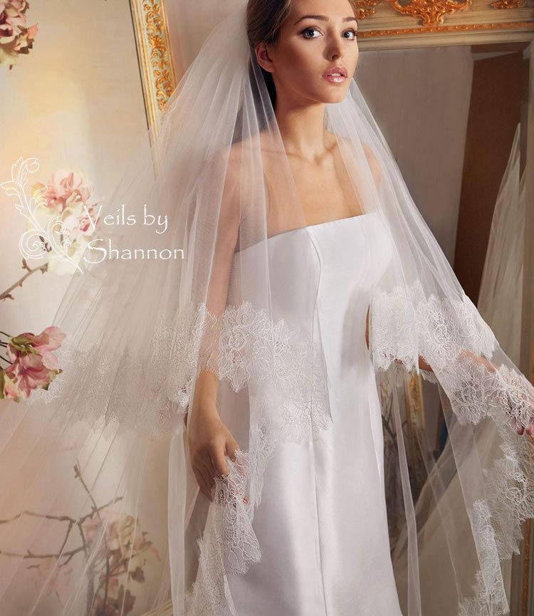 Wedding - 2 Tiers long Lace Cathedral Drop Veil, Cathedral Veil With Blusher, Ivory Cathedral Wedding Veil, Lace Cathedral Veil Chapel Veil Style V1C