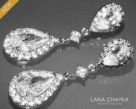 Mariage - Cubic Zirconia Bridal Earrings Silver CZ Wedding Earrings Clear Cubic Zirconia Teardrop Dangle Earrings Wedding Earrings Bridal CZ Jewelry