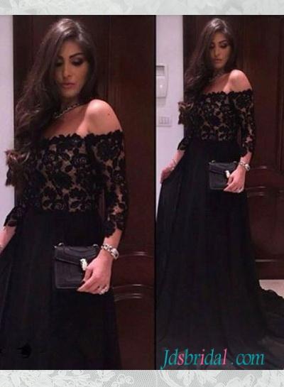Mariage - PD16079 Fashion black lace off shoulder long prom dress