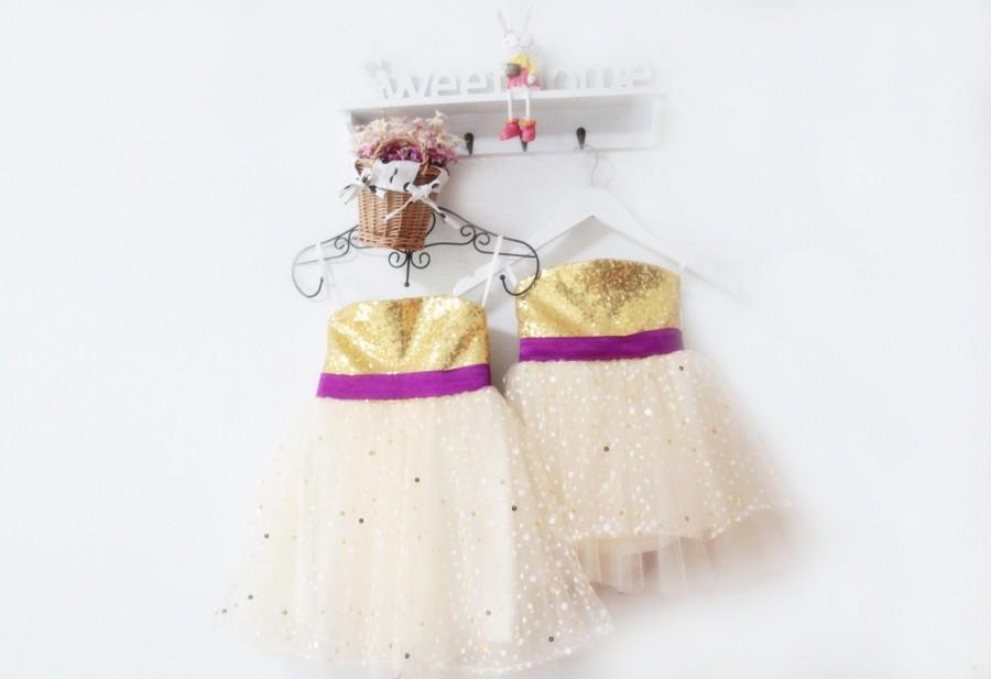 Hochzeit - Flower Girl Dress Tutu Gold Sequin Flower Girl Dress Bow in Back Tulle Sparkly Flower Girl Dress Custom Bridal Wedding Flower Girl Dresses