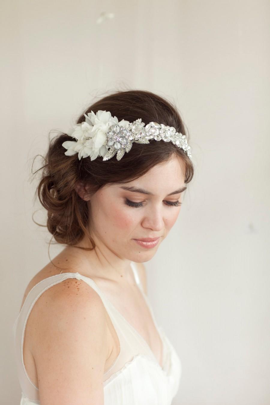 زفاف - Bridal Rhinestone Crystal and Silver Leaf Headpiece, Ivory chiffon petals