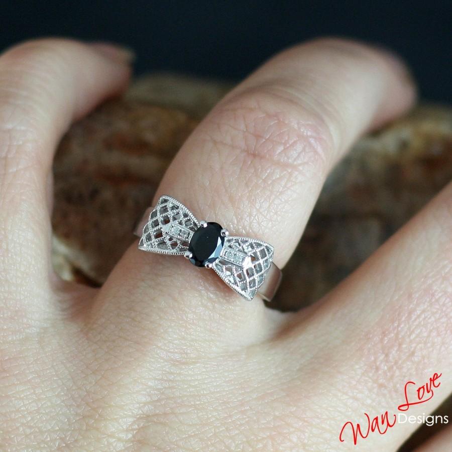 Hochzeit - Black Spinel Diamond Engagement Ring Oval Filigree Milgrain Bow .55ct 6x4mm 14k 18k White Yellow Rose Gold-Platinum-Custom-Weding-Aniversary